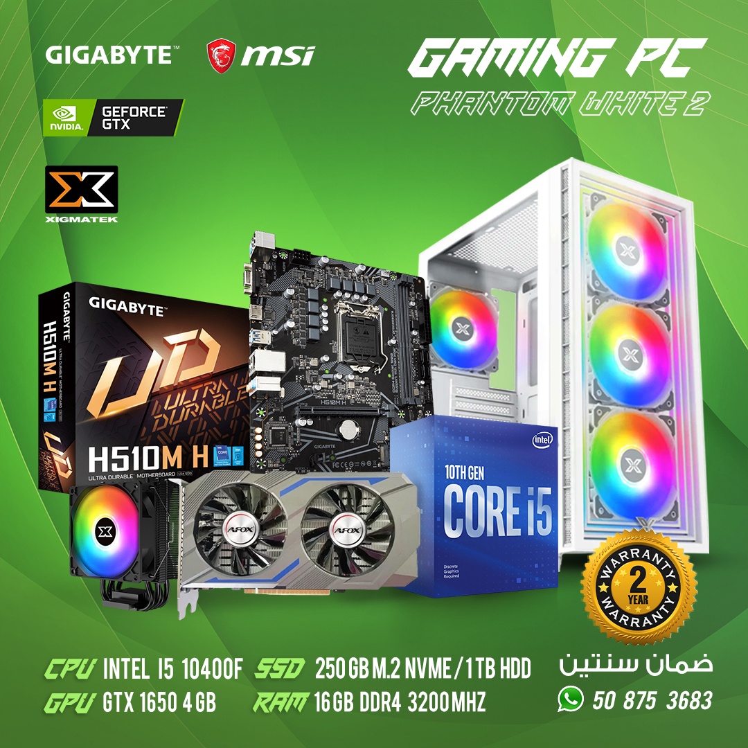 PC Gaming, Phantom White Case, intel i5 10400F CPU, 16GB DDR4 3200 MHz, GeForce GTX 1650 4GB, 256GB M.2 NVMe, 1TB HDD, 2Y Warranty 1